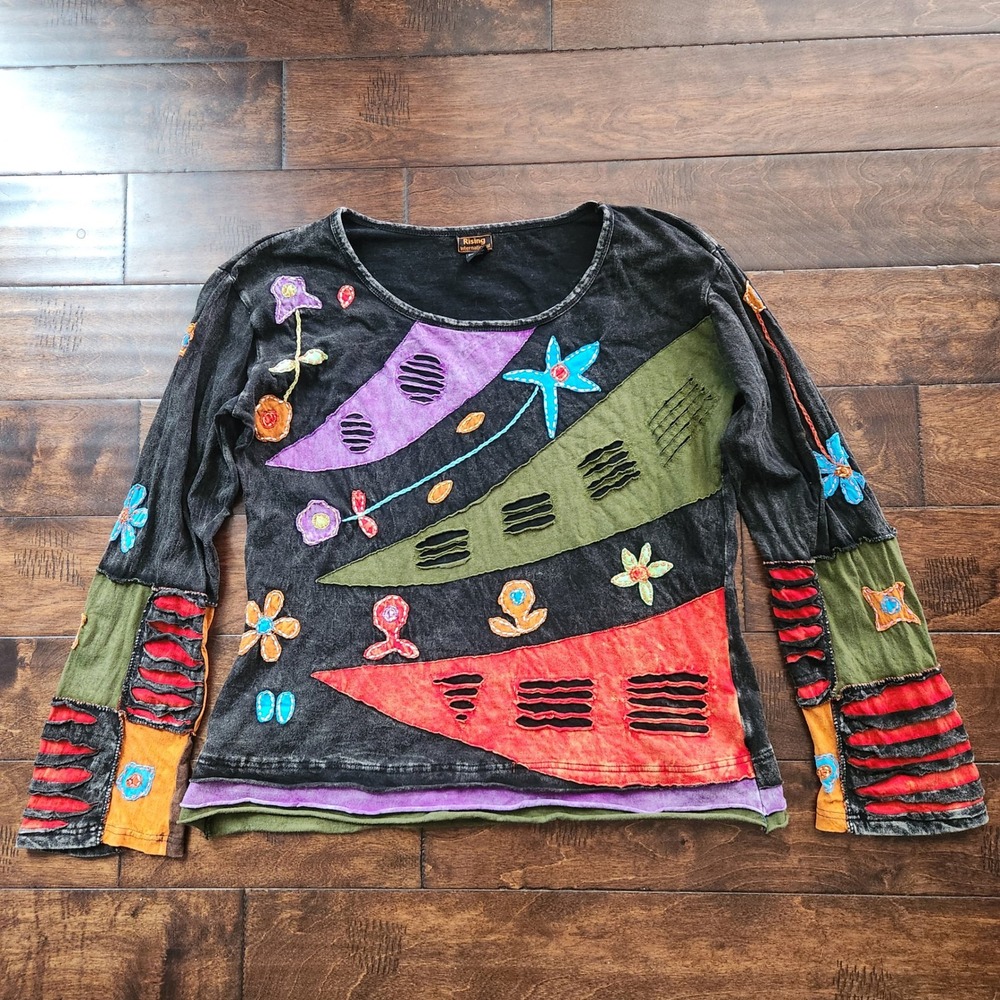 Rising International Patchwork Top Womens 2XL Black Multi Boho Slashed Tee